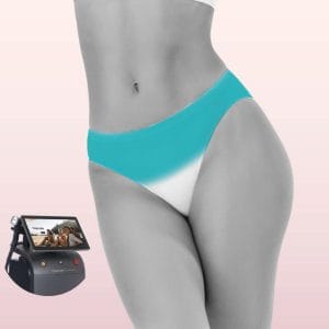 Mujer en ropa interior cómoda y relajada, mostrando piel suave en zona de rebaje largo tras tratamiento láser Soprano Titanium en Clínica Vitabella Copiapó.
